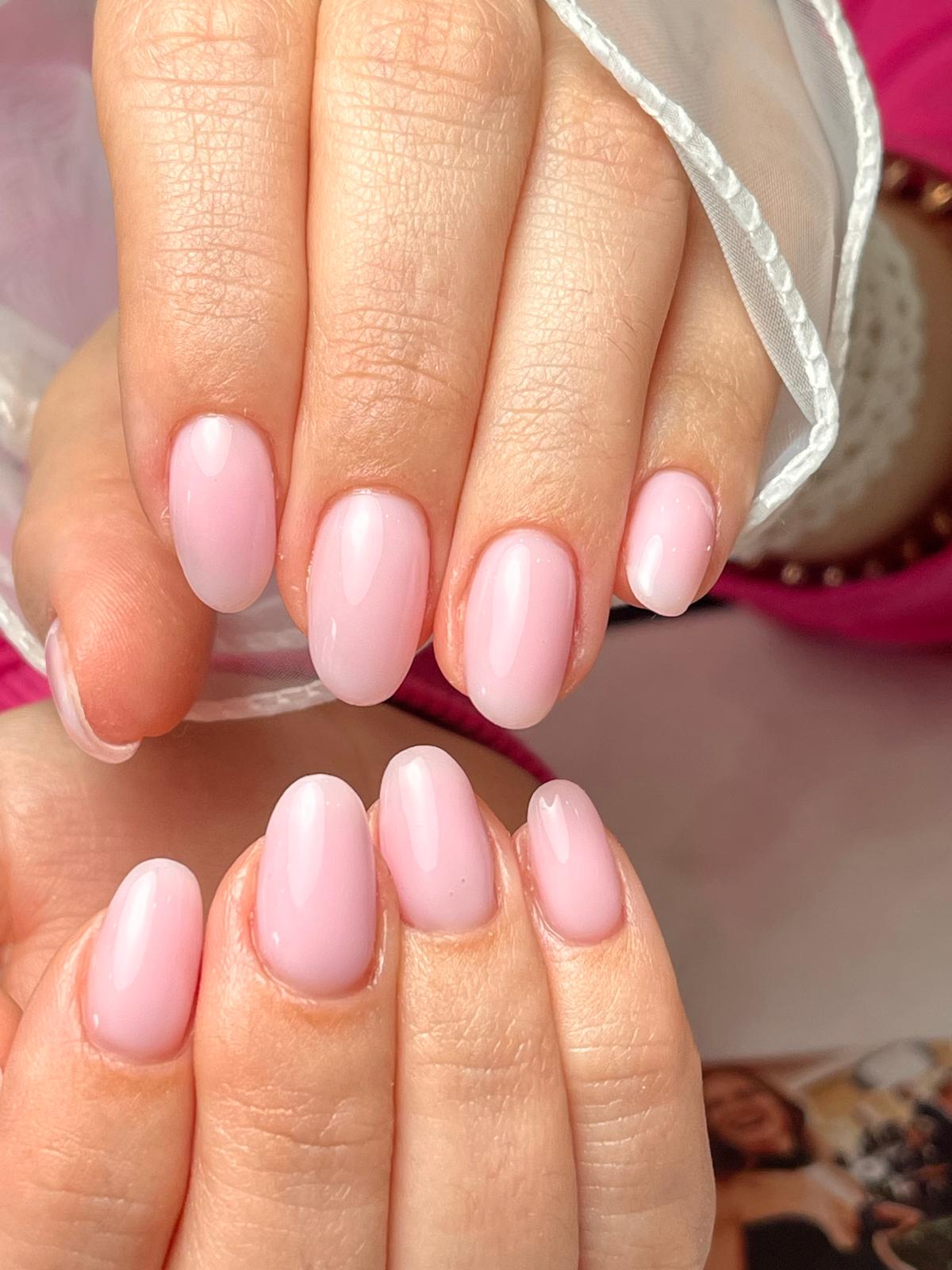 Coral peach glossy gel manicure short square nails ColorLab Nail Studio Koreatown Los Angeles