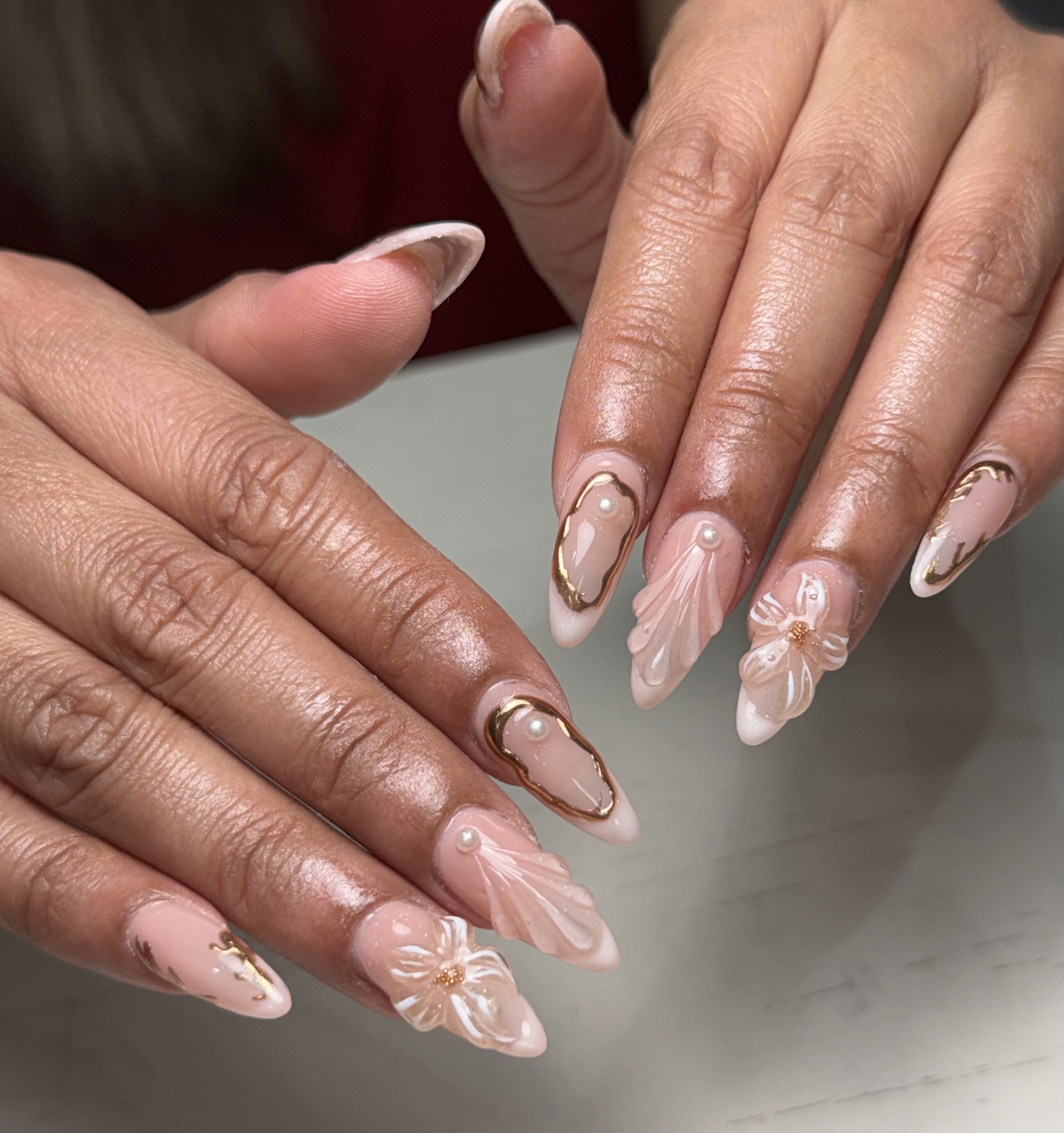 Nude pink 3D flower bridal nail art Koreatown