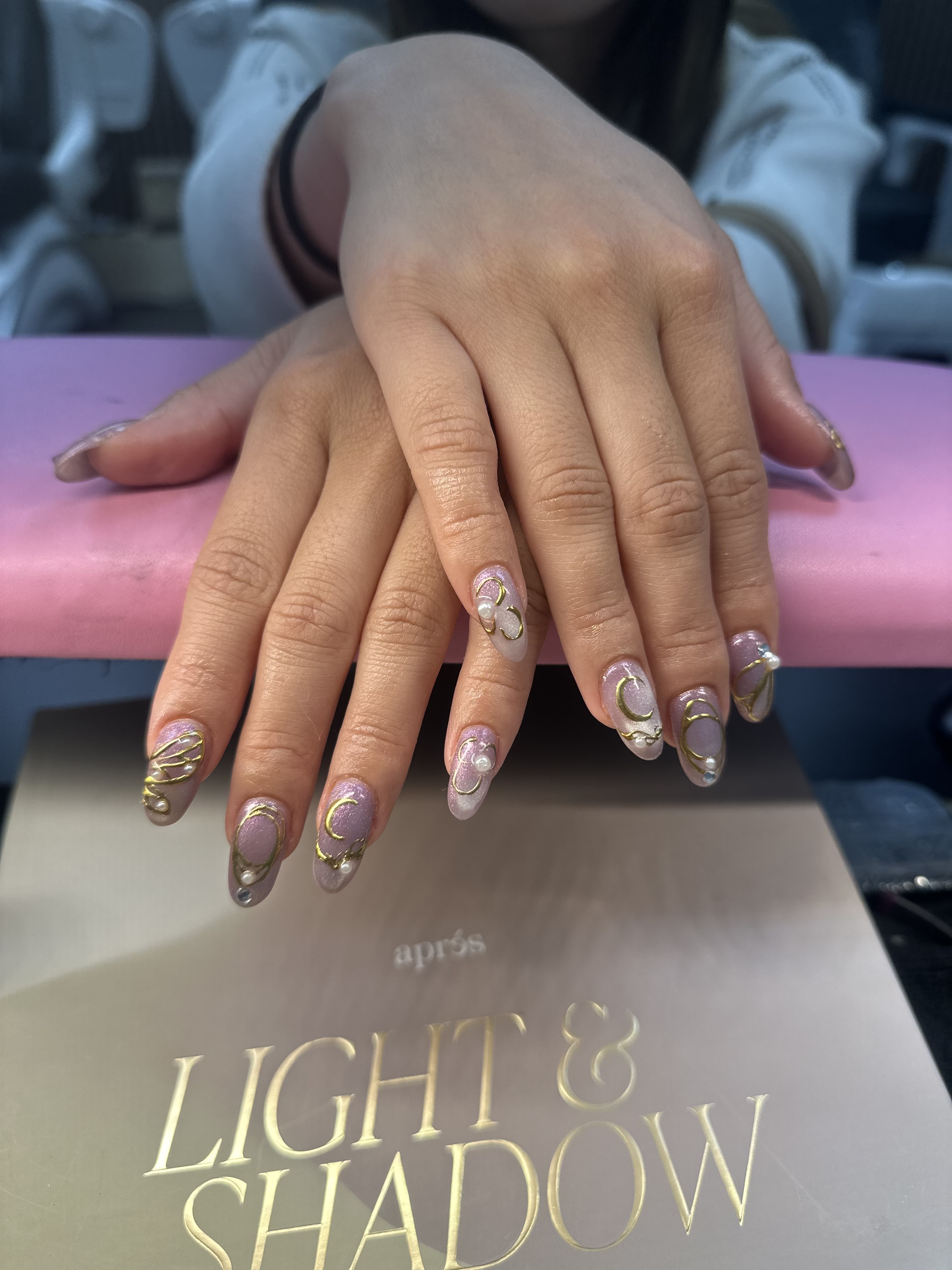 Purple lavender gel-x nails with gold moon pearl floral art ColorLab Nail Studio Los Angeles