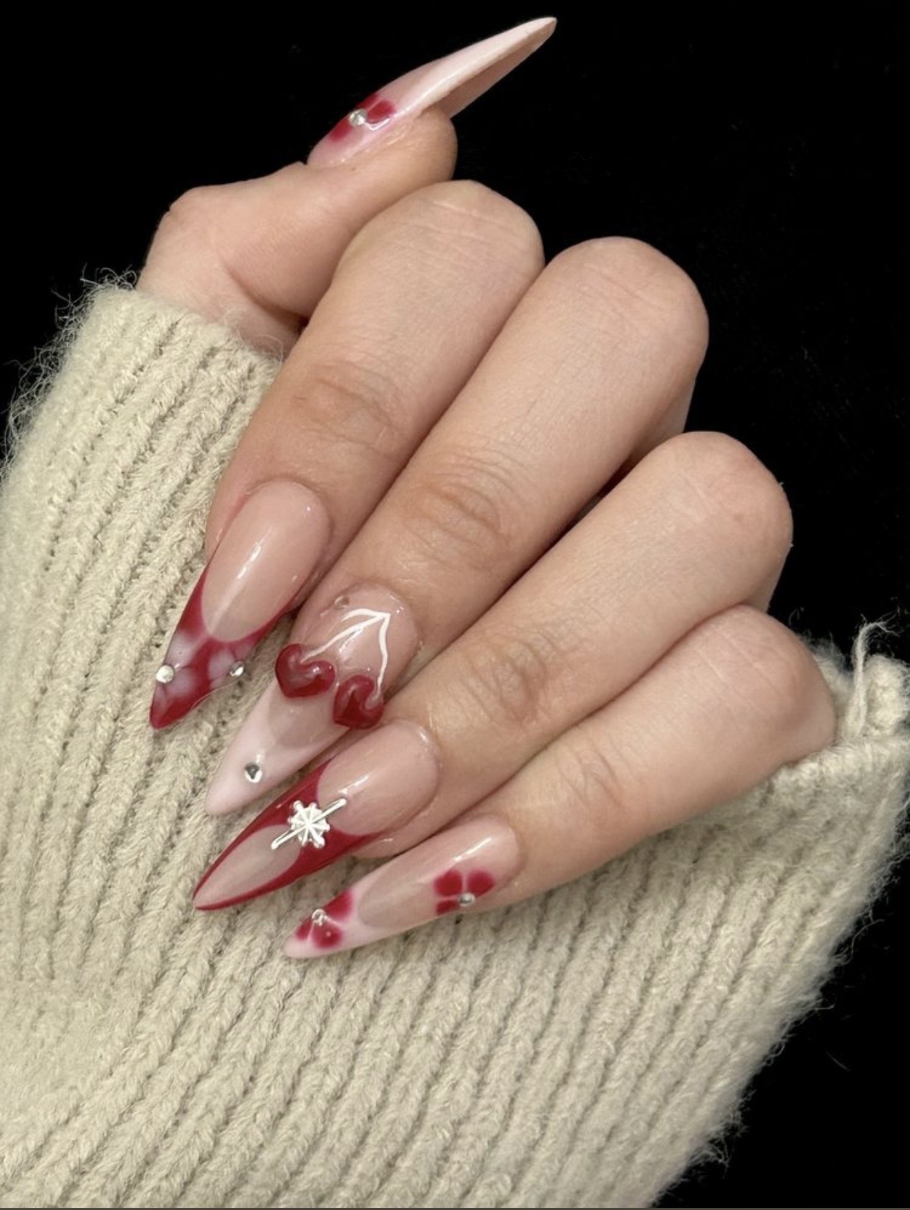 Red French tip 3D heart swirl floral stiletto nail art ColorLab Nail Studio Koreatown Los Angeles
