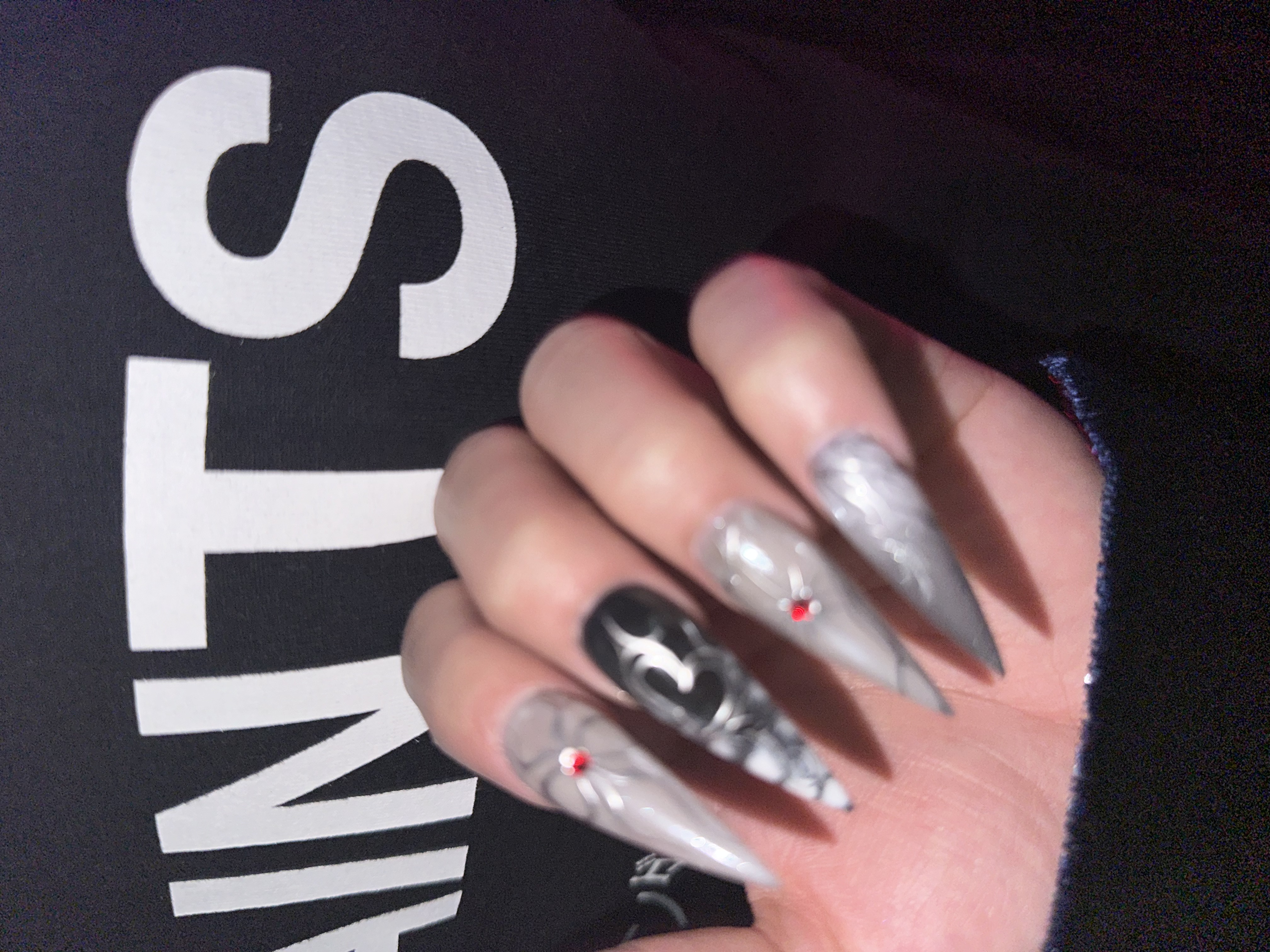 Silver chrome marble stiletto gothic nail art
