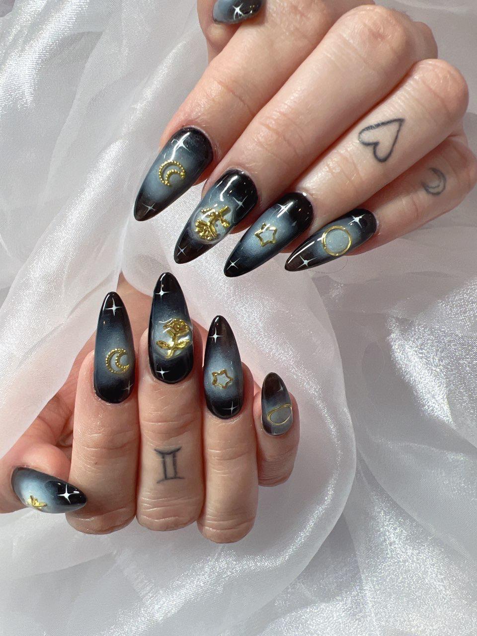 Teal orange geometric color block almond nails with gold beads ColorLab Nail Studio Los Angeles