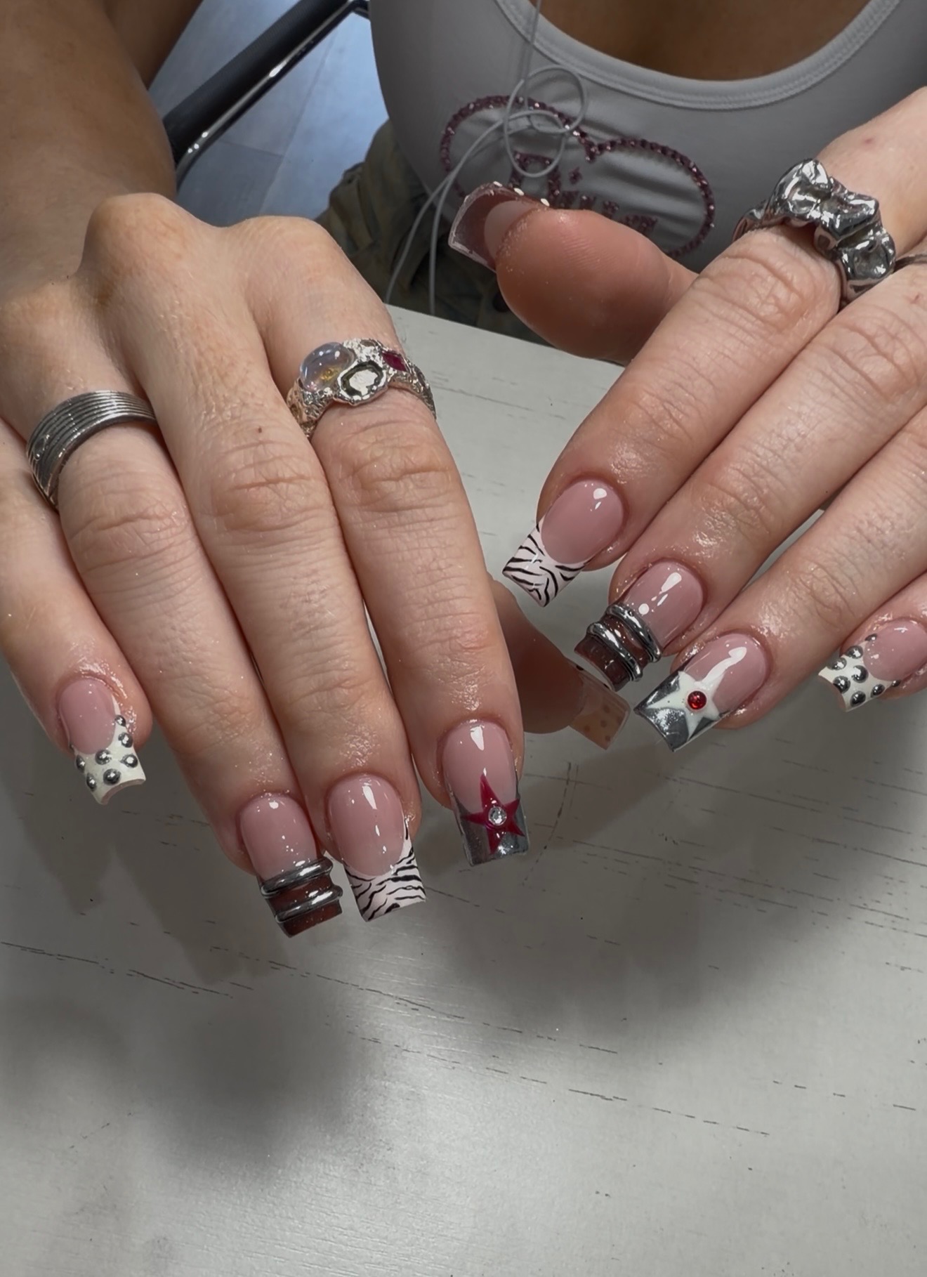 Zebra French tip red star chrome nail art