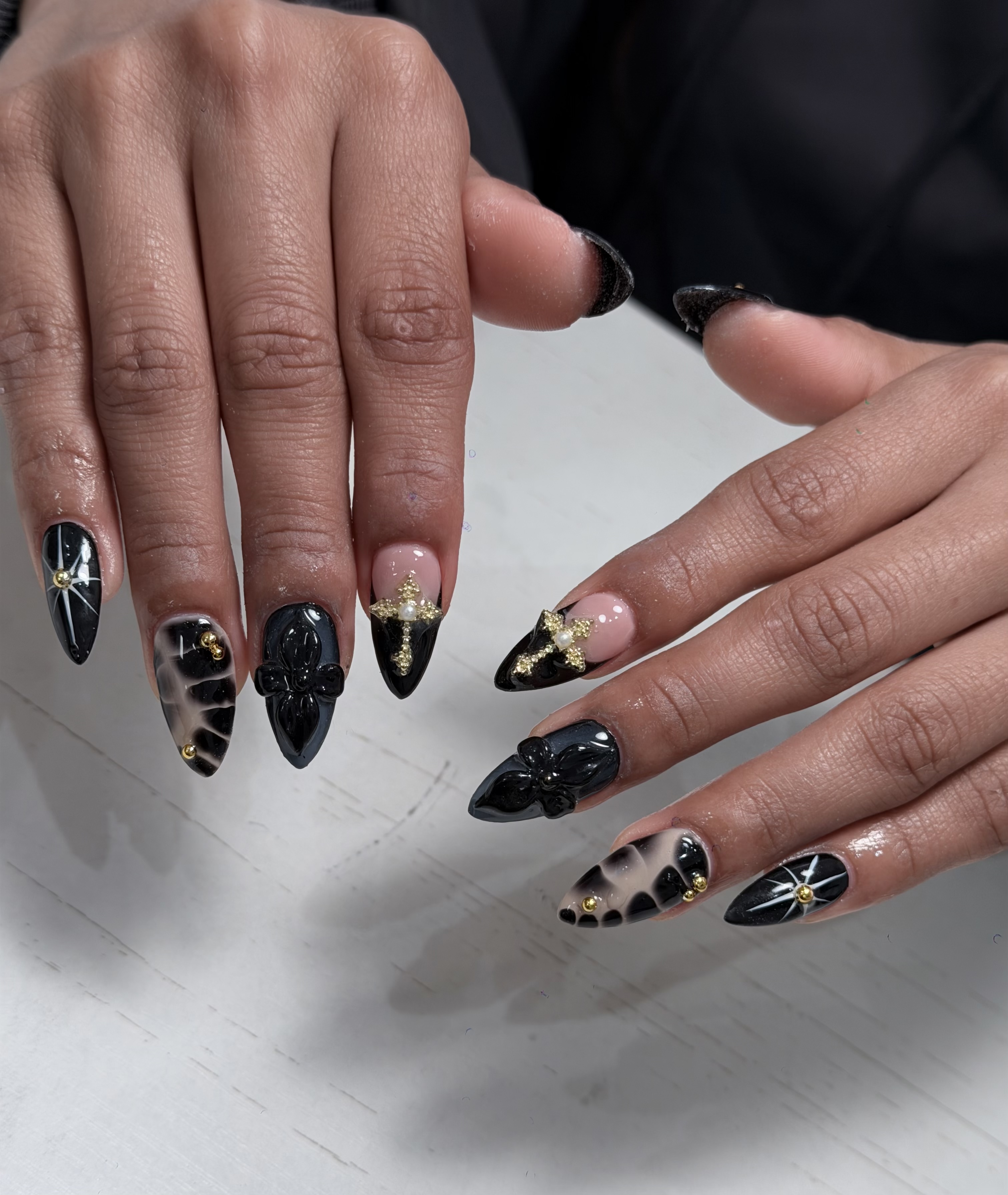 Black gothic 3D bow cross nail art LA
