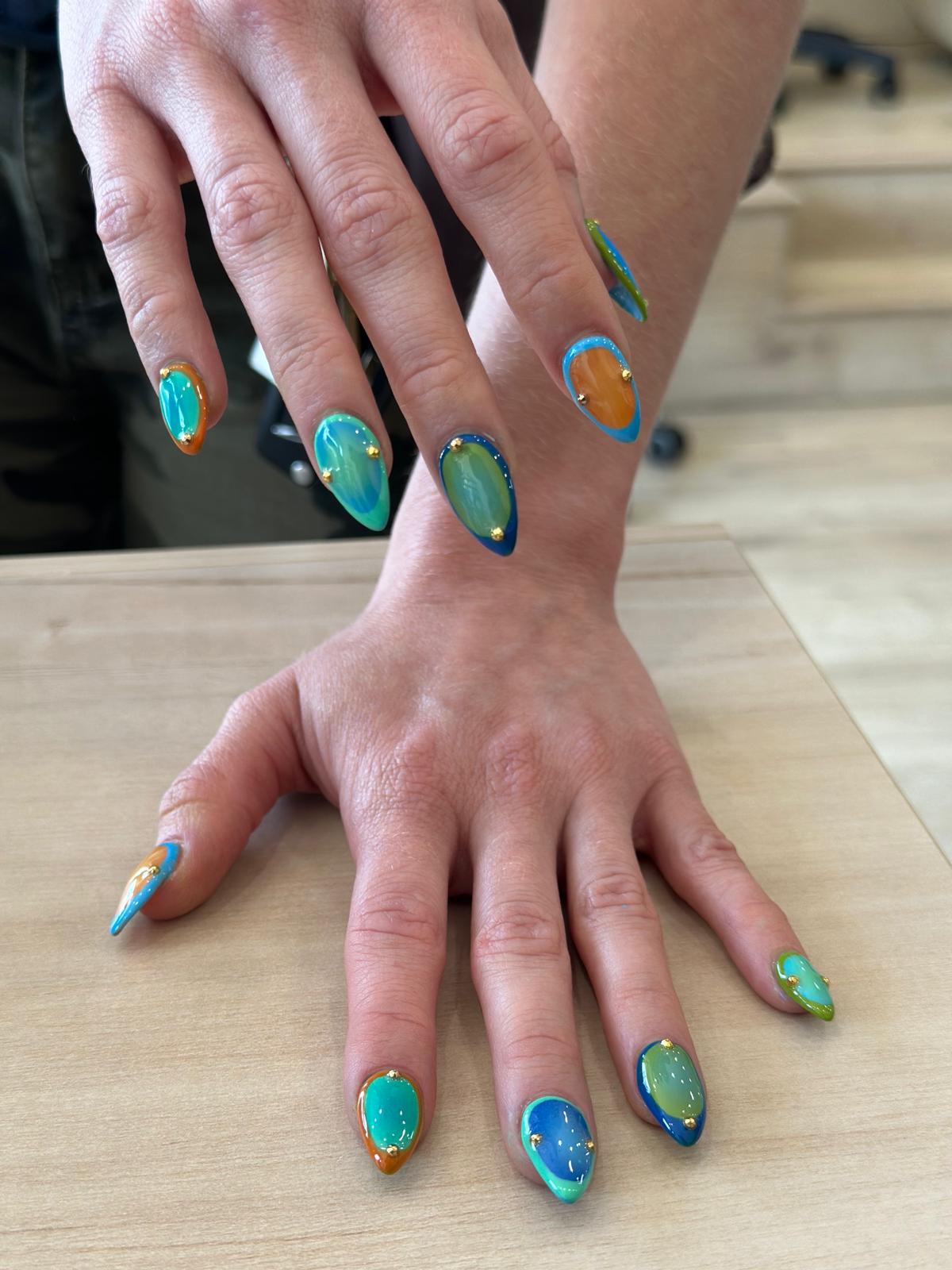 Blue green orange aura almond gold bead nail art ColorLab Nail Studio Los Angeles