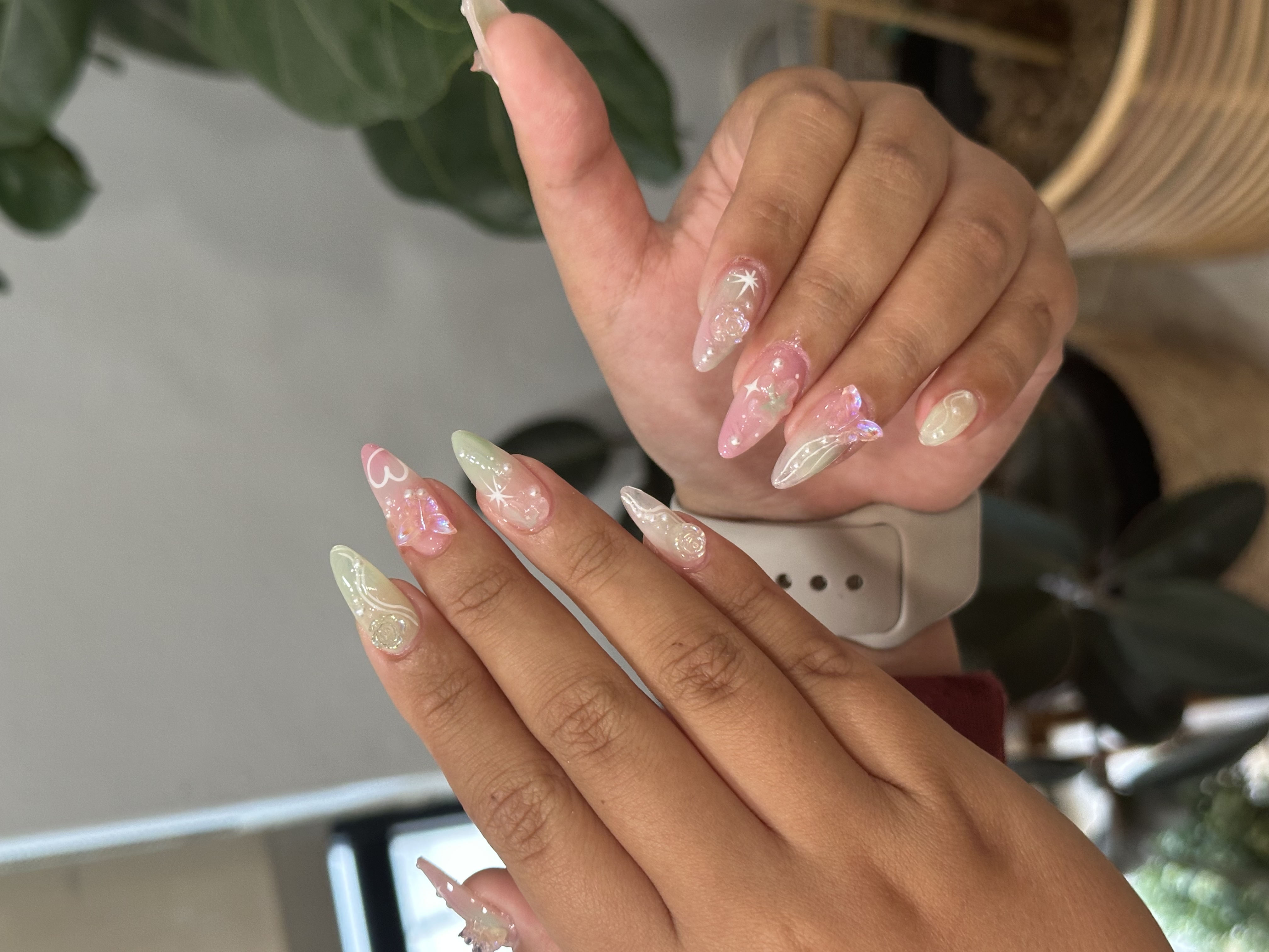 Pink iridescent butterfly 3D Gel-X nails LA