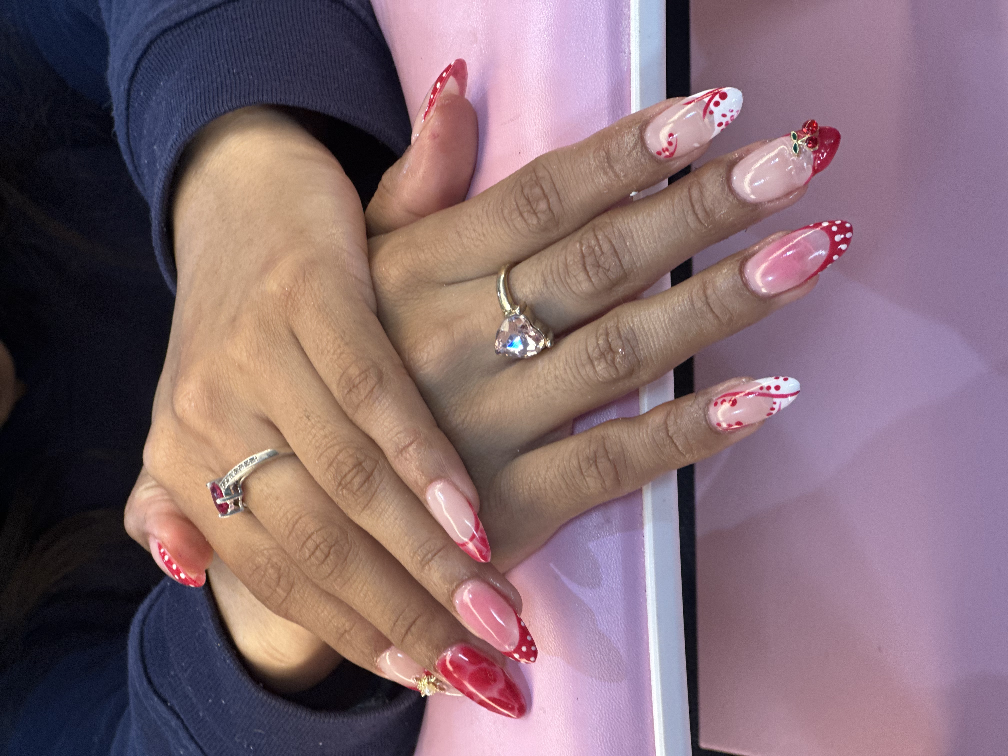 Red white cherry charm floral French tip nail art ColorLab Nail Studio Koreatown Los Angeles