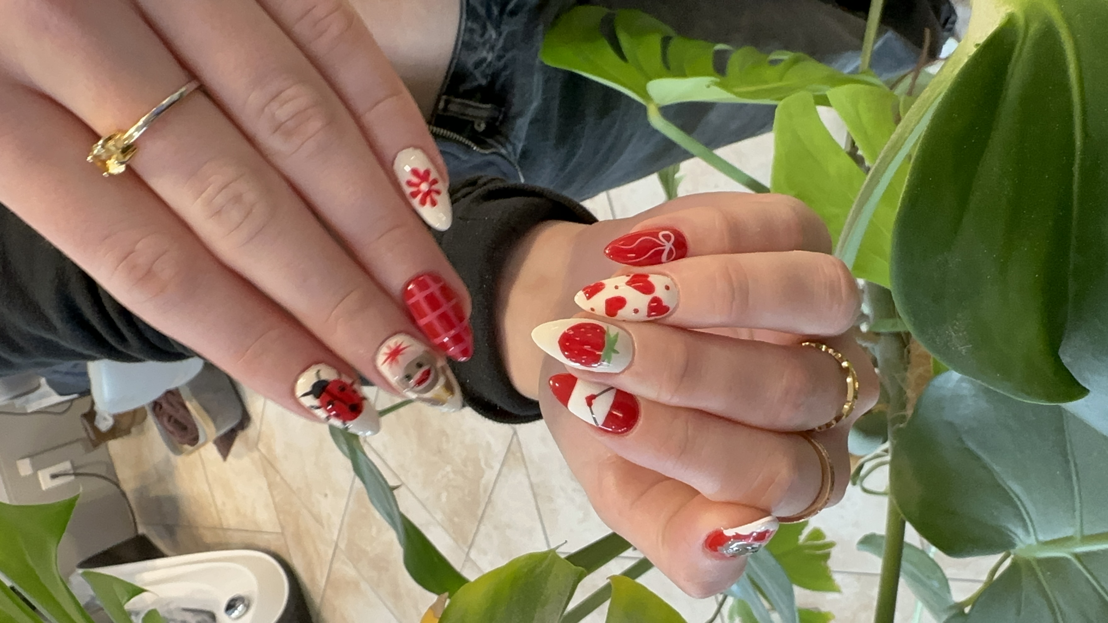 Red strawberry ladybug checkered pattern custom nail art ColorLab Nail Studio Koreatown Los Angeles